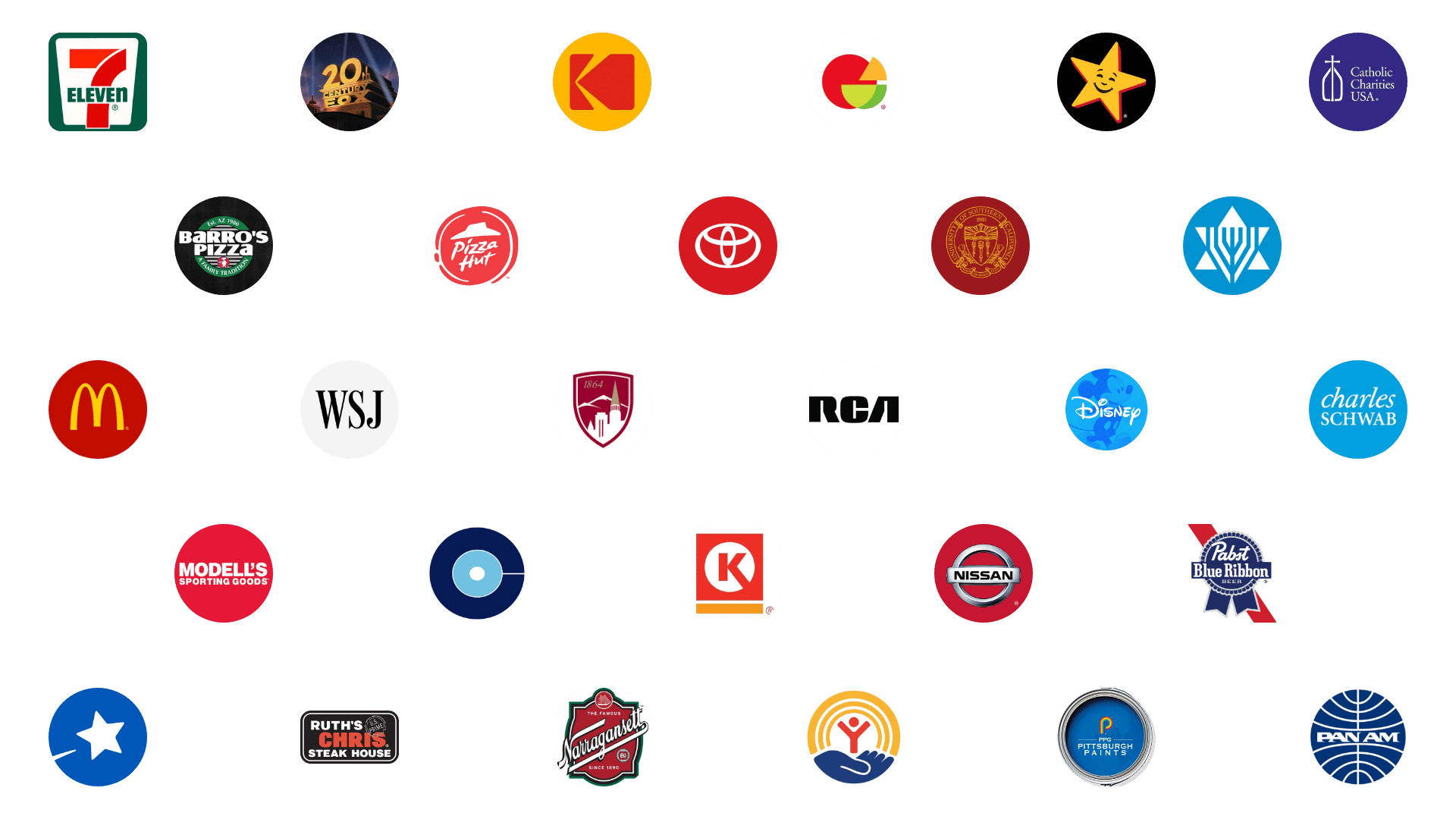 A grid of client logos who worked with veteran voiceover coach and producer Marc Cashman. Includes Disney, The Wall Street Journal, Toyota, 7-11, McDonalds, Kodak, and more.